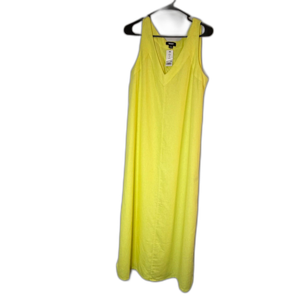 DKNY Women M Yellow Linen Blend Side Slit Maxi Dress Sleeveless Resort/Vacation